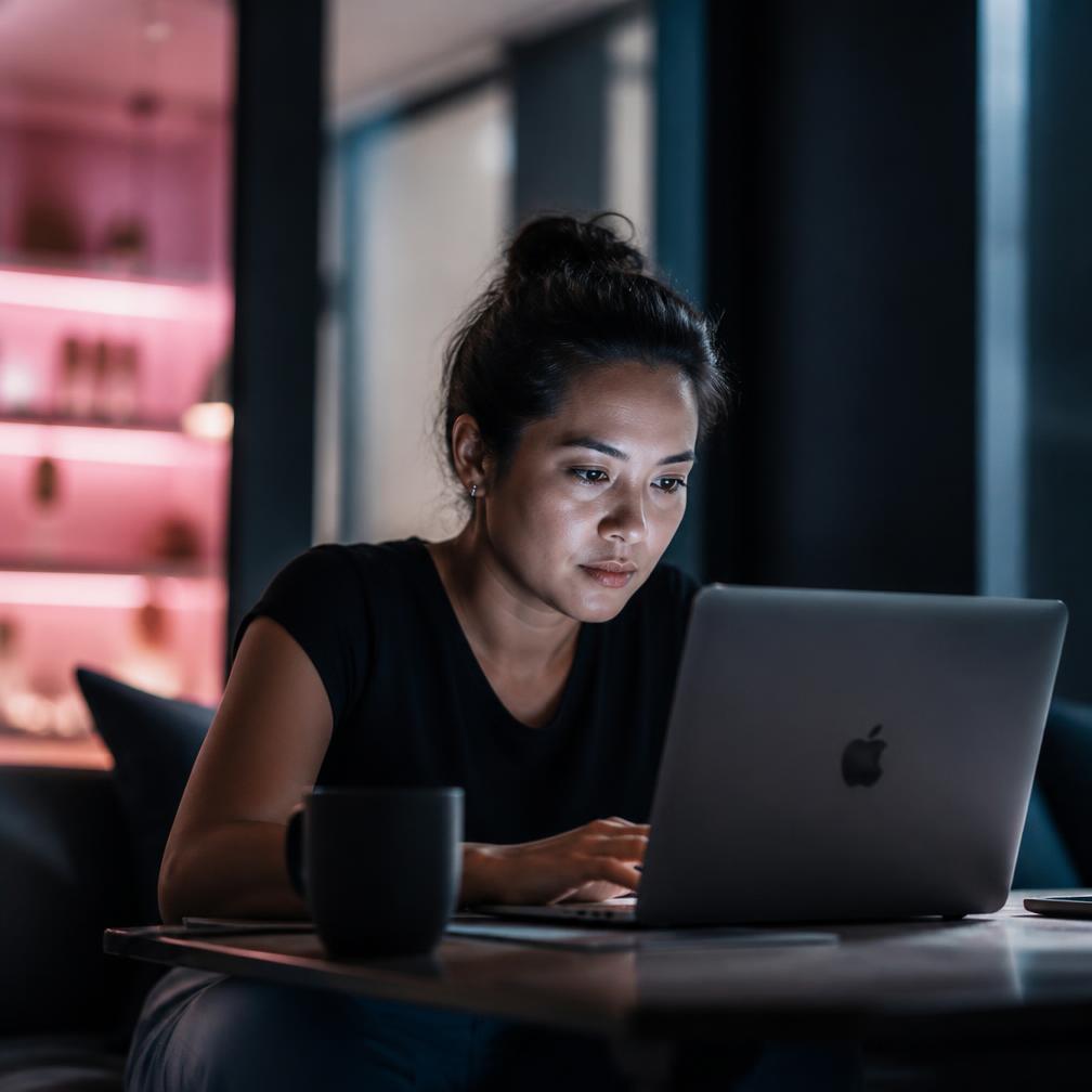 A founder using a laptop, screen glow on her face