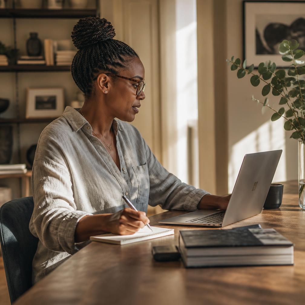 A woman professional collaborating remotely