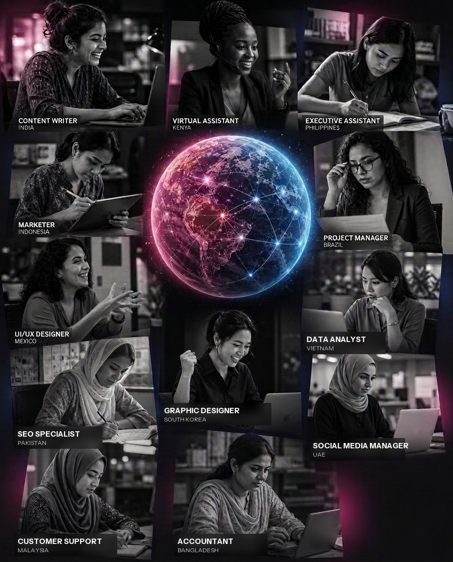 A global community of women professionals — content writers, virtual assistants, marketers, designers — connected around a glowing world globe