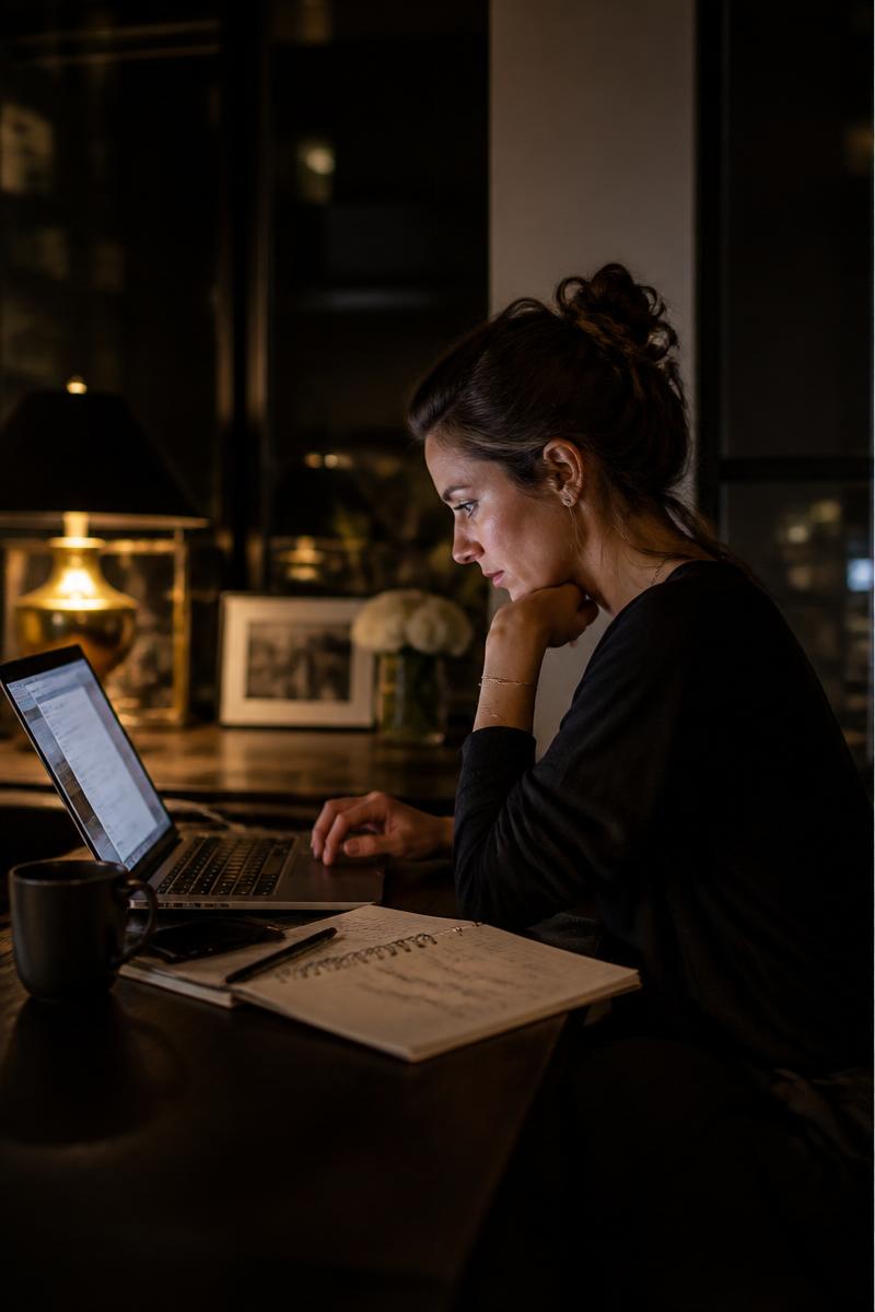 Woman entrepreneur working late — laptop, notebook, coffee